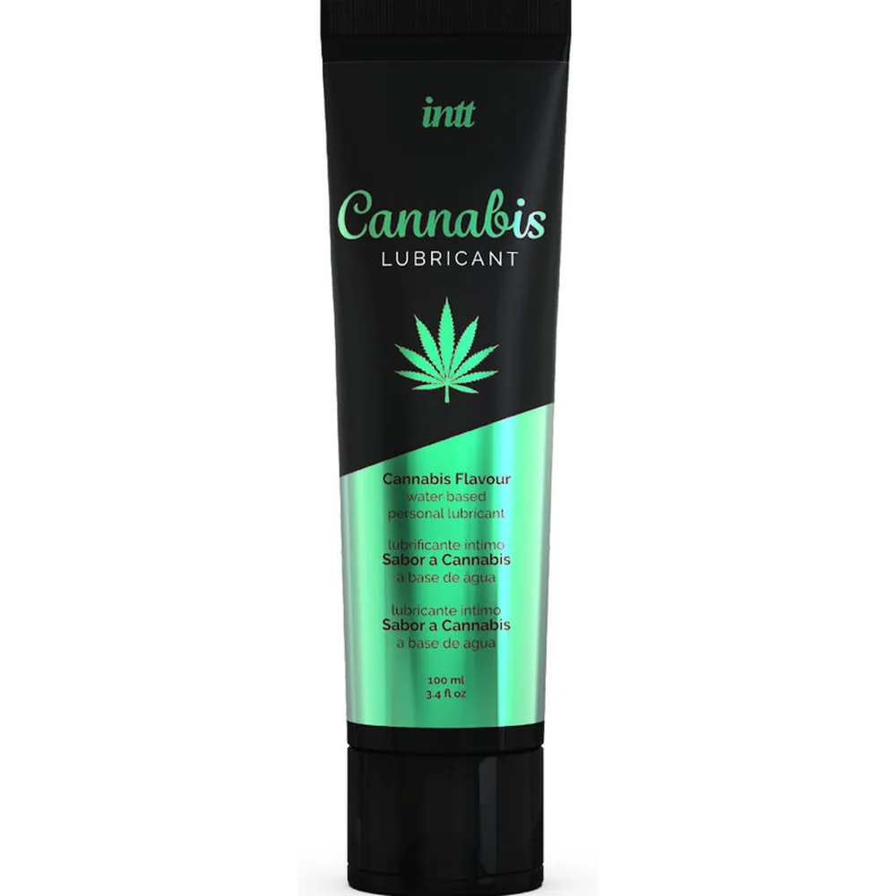 Tube de lubrifiant intime Intt Cannabis, noir et vert anis, avec logo Cannabis et feuille de cannabis stylisée, contenance 100 ml