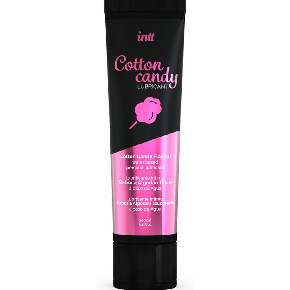 Tube noir et rose de lubrifiant Intt Cotton Candy, 100 ml, avec étiquette indiquant saveur barbe à papa, base aqueuse