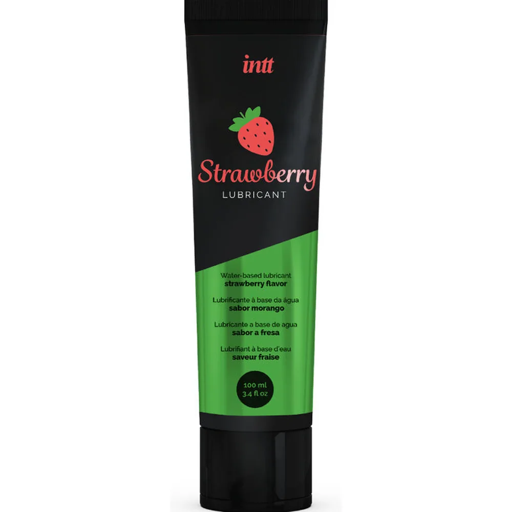 Tube noir et vert de lubrifiant Initt Strawberry, présenté de face avec étiquette illustrant une fraise et mentions multilingues du parfum fraise, contenance 100 ml