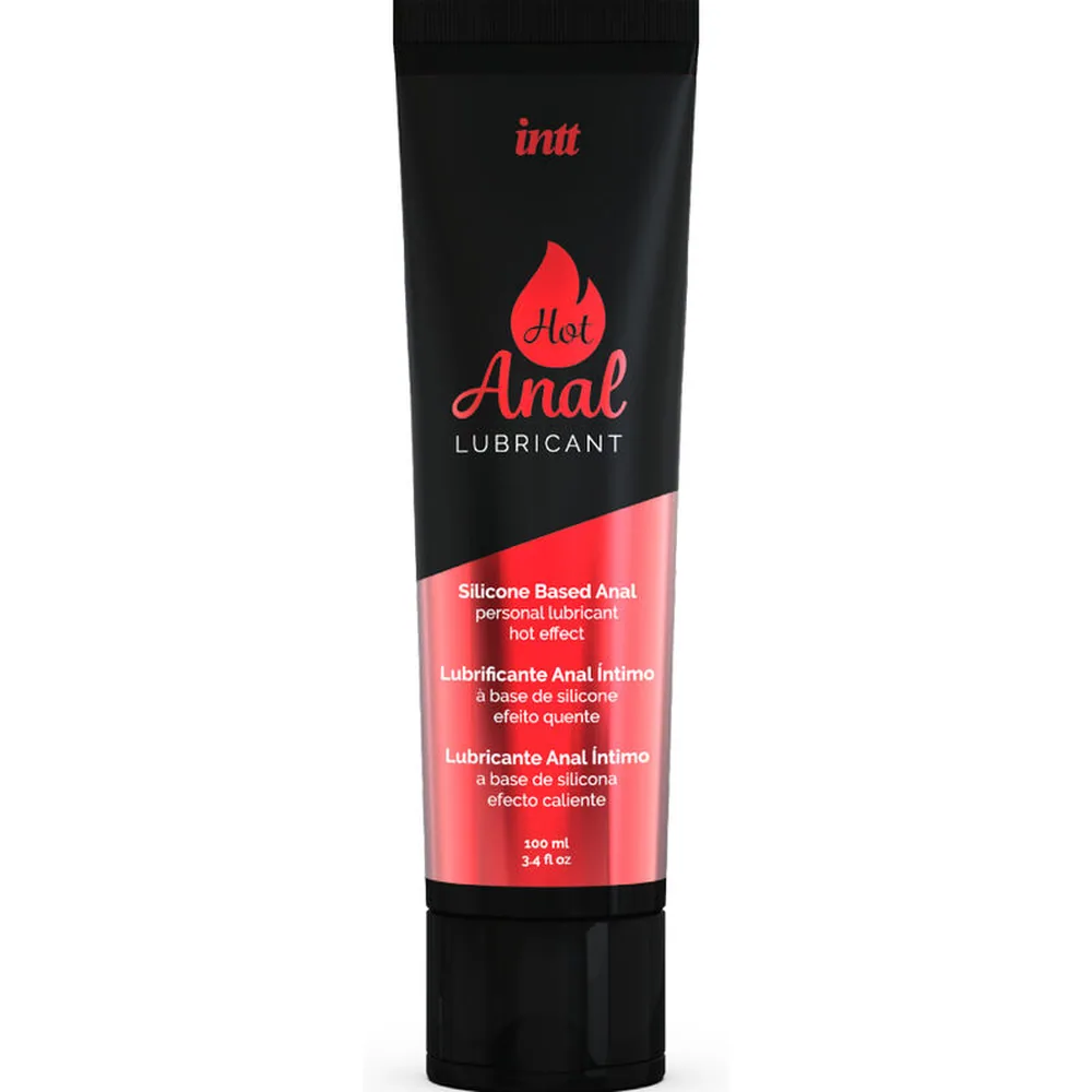 Tube noir de lubrifiant anal Intime à base de silicone, étiquette rouge avec flamme, format 100 ml, effet chauffant