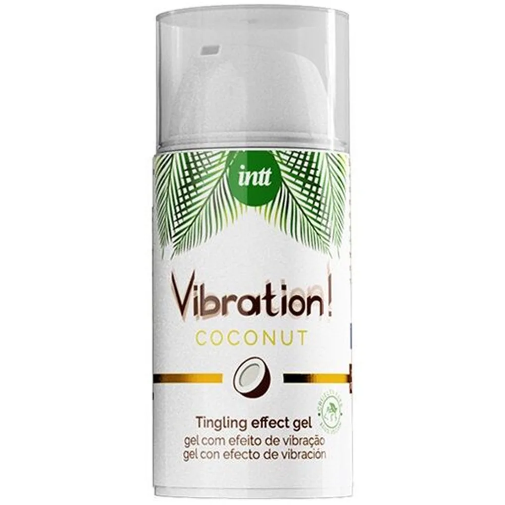 Emballage et flacon du gel Vibration Coconut par intt, avec motif de feuilles de palmier vert et blanc, flacon transparent de 15 ml avec bouchon blanc