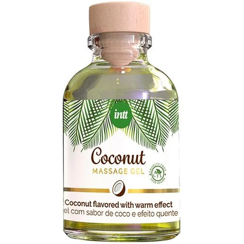 Emballage et flacon de gel de massage à la noix de coco, liquide translucide jaune pâle dans un flacon en verre avec bouchon beige, boîte verte et blanche avec motifs de feuilles de palmier