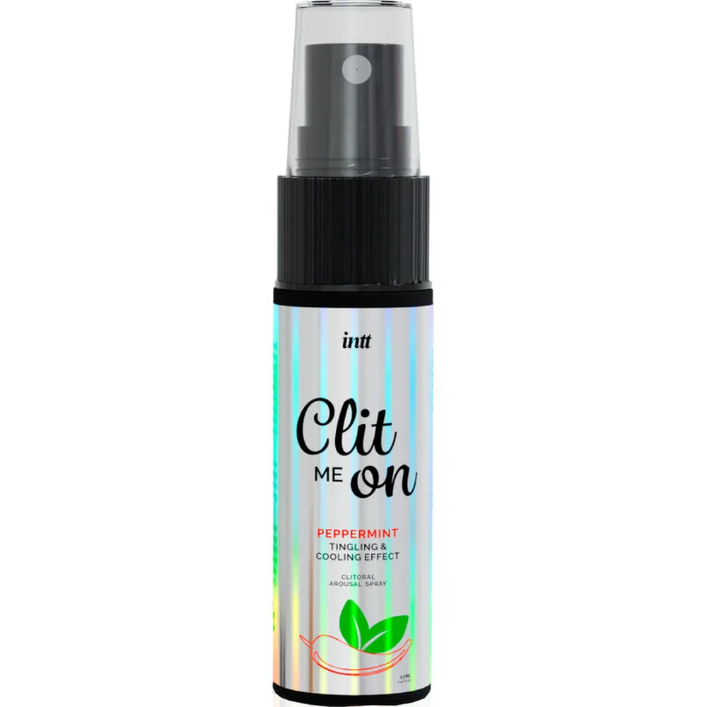Boîte du spray clitoridien Clit Me On à la menthe poivrée, fond dégradé pastel bleu-jaune-rose, design coloré avec feuilles vertes et illustration de piment, format 12 mL