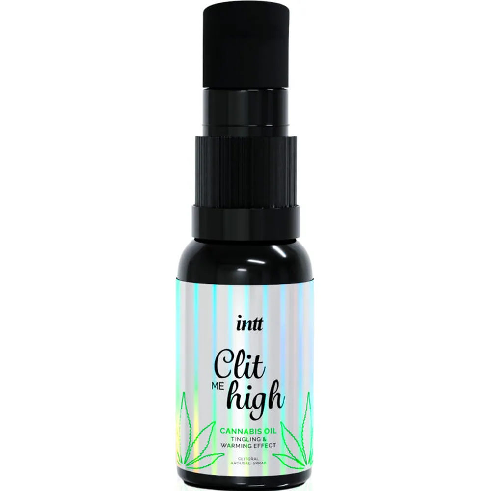 Spray aphrodisiaque noir Clit Me High à l'huile de cannabis, flacon de 50 ml avec étiquette pastel rayée bleu et vert, pompe de pulvérisation noire