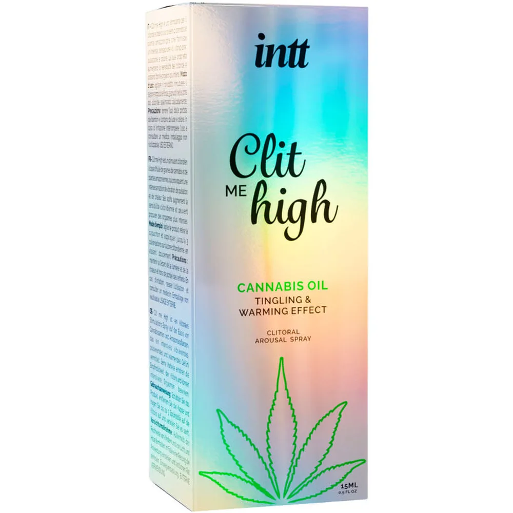 Spray aphrodisiaque noir Clit Me High à l'huile de cannabis, flacon de 50 ml avec étiquette pastel rayée bleu et vert, pompe de pulvérisation noire