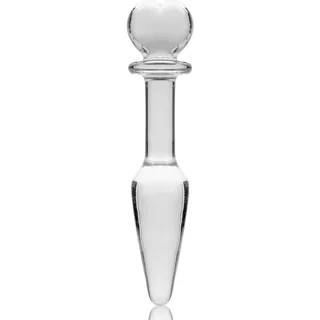 Plug anal en verre transparent avec base évasée, boule lisse au sommet et tige centrale, sur fond blanc