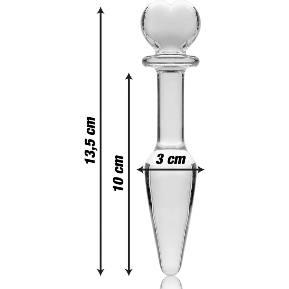 Plug anal en verre transparent avec base évasée, boule lisse au sommet et tige centrale, sur fond blanc