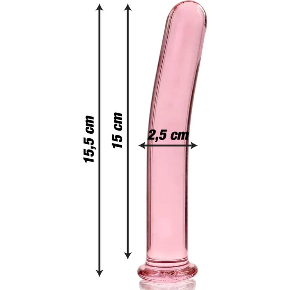 Gode en verre borosilicate transparent, forme élancée et légèrement courbée avec extrémité arrondie et base plate, fond blanc