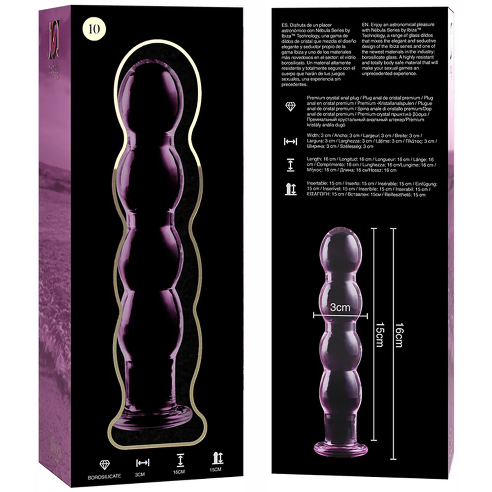 Gode en verre borosilicate rose translucide composé de quatre sphères de taille croissante alignées verticalement, reposant sur une base large et plate