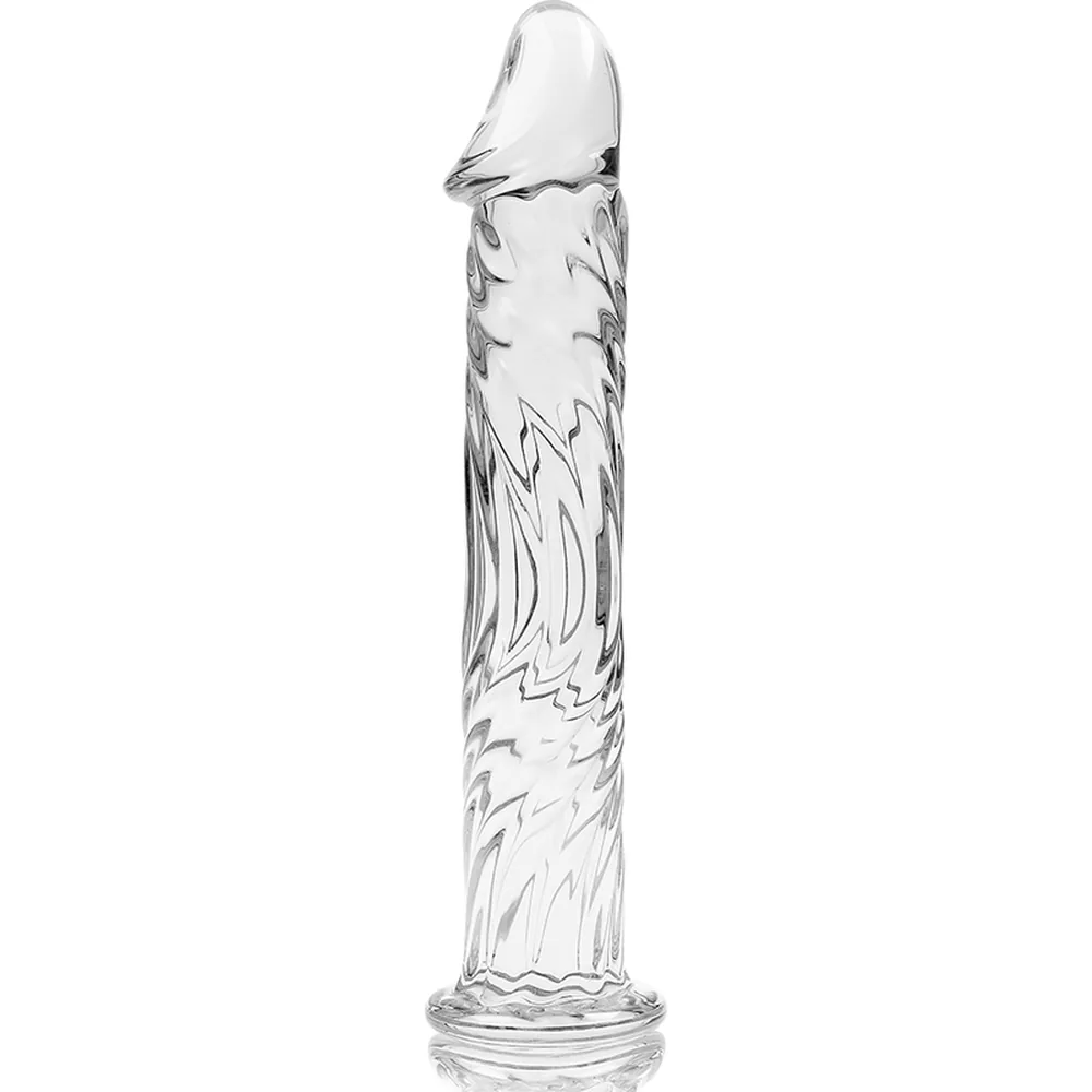 Gode en verre borosilicate transparent avec tige texturée en spirale, base élargie et extrémité arrondie, présenté dans son emballage noir