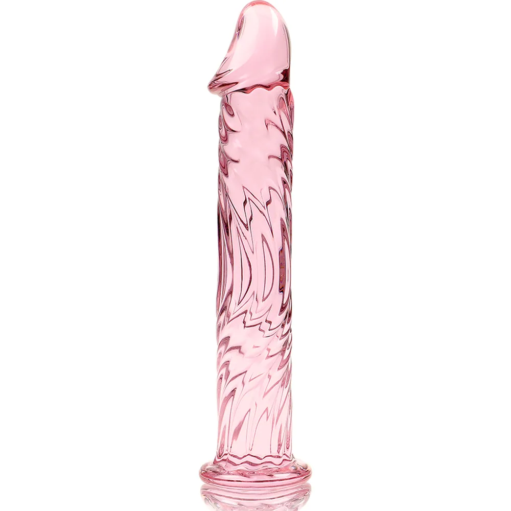 Gode en verre borosilicate transparent avec tige texturée en spirale, base élargie et extrémité arrondie, présenté dans son emballage noir