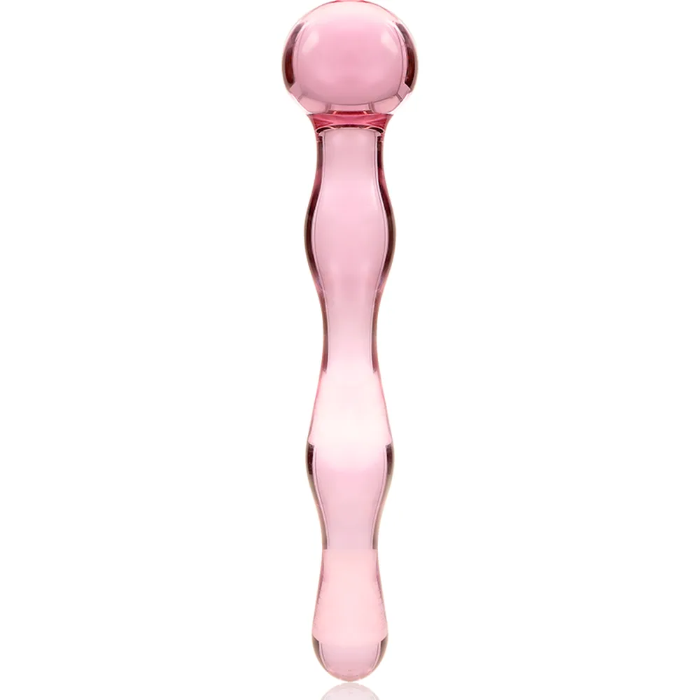 Gode en verre rose translucide avec trois sphères étagées et poignée effilée, présenté à côté de son emballage noir et violet