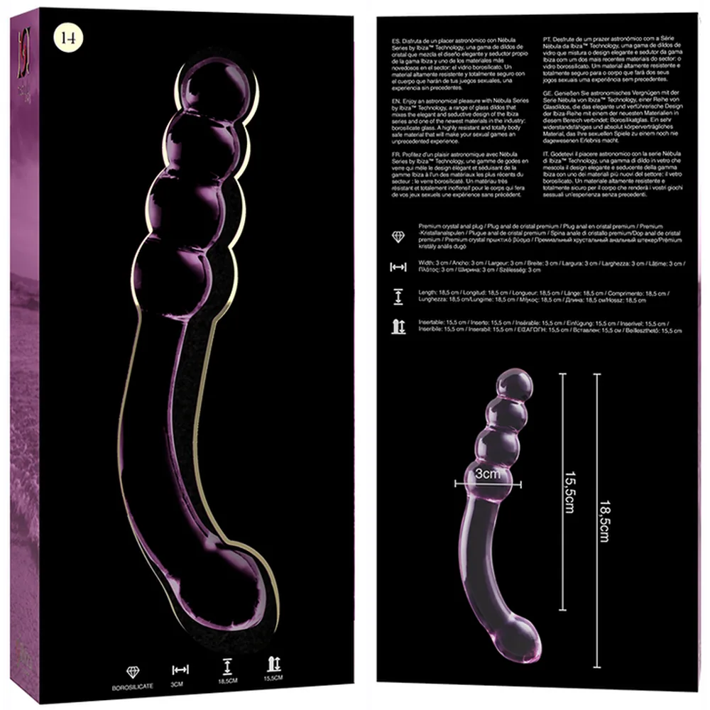 Gode en verre borosilicate rose transparent avec tige courbée et quatre perles étagées sur le haut, embout arrondi à la base, sur fond blanc