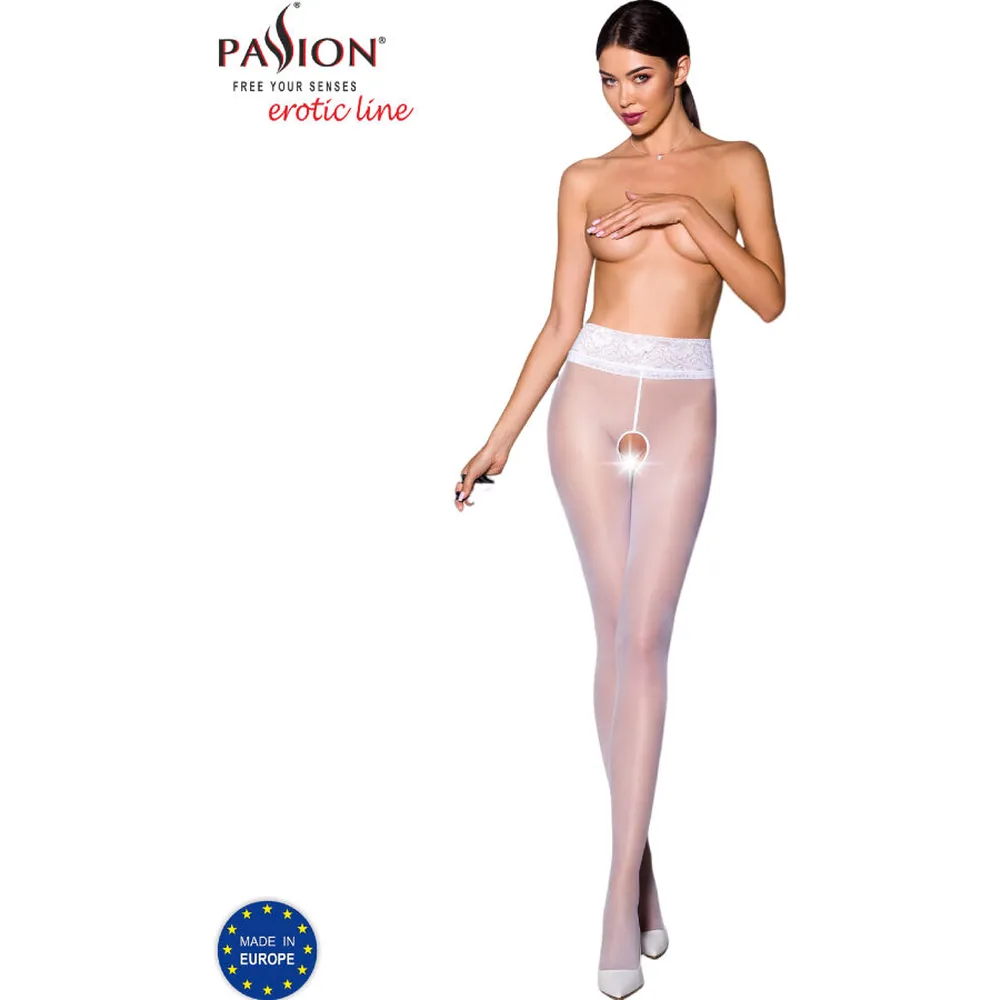 Collant blanc transparent avec taille dentelle et ouverture entre les cuisses, porté