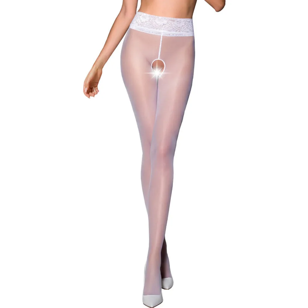 Collant blanc transparent avec taille dentelle et ouverture entre les cuisses, porté