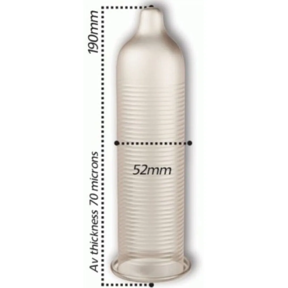 Schéma de dimensions d'un préservatif en latex transparent avec nervures horizontales, hauteur 190 mm, diamètre 52 mm, épaisseur 70 microns