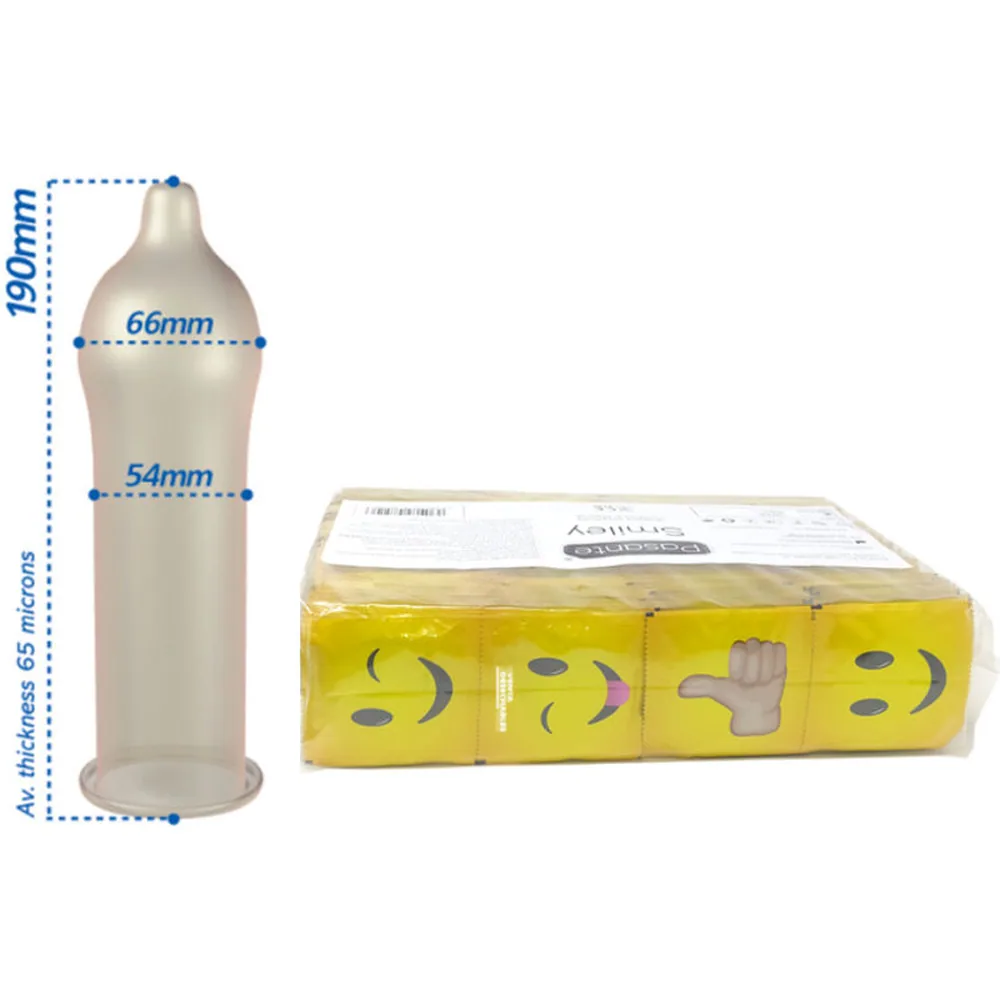 Schéma de dimensions d'un préservatif transparent avec boîte jaune de 144 unités ornée de motifs souriants