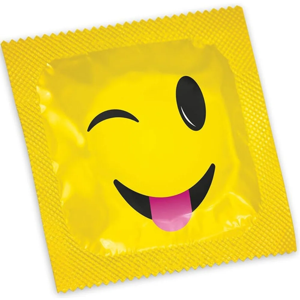 Schéma de dimensions d'un préservatif transparent avec boîte jaune de 144 unités ornée de motifs souriants