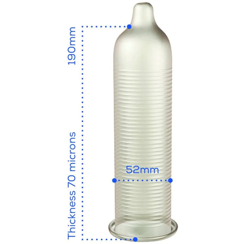 Schéma de dimensions d'un préservatif transparent avec effet strié, montrant une hauteur de 190 mm, une épaisseur de 70 microns et un diamètre de 52 mm