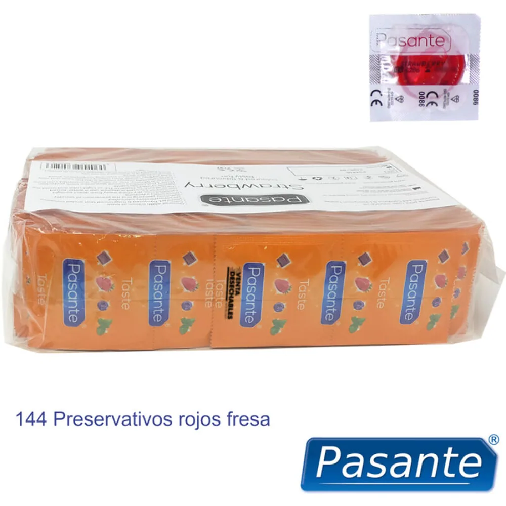 Sachet de 144 préservatifs Pasante aromatisés fraise dans un emballage orange, avec un préservatif rouge individuel en surimpression