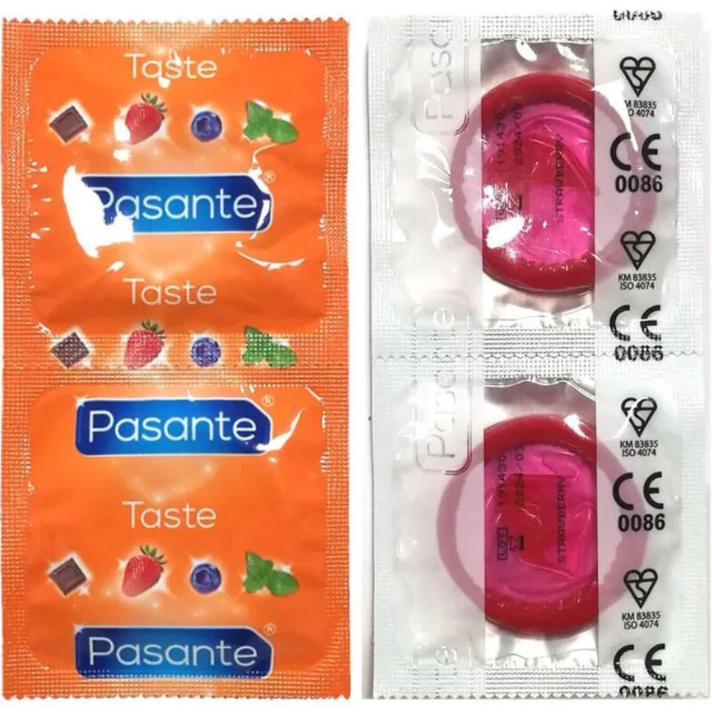 Sachet de 144 préservatifs Pasante aromatisés fraise dans un emballage orange, avec un préservatif rouge individuel en surimpression