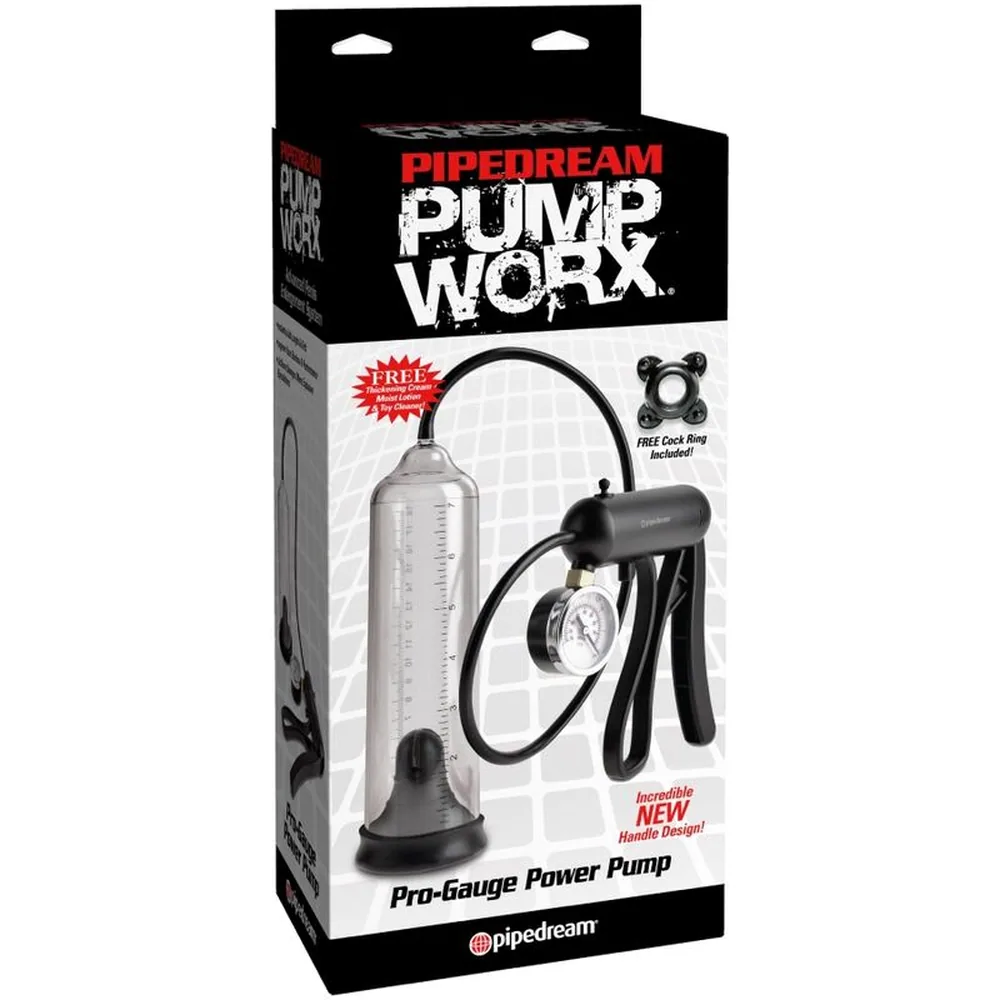 Emballage de la pompe à pénis Pro-Gauge Power Pump Pipedream, présentant le cylindre transparent avec graduations, la pompe manuelle noire avec manomètre intégré et l'accessoire anneau inclus