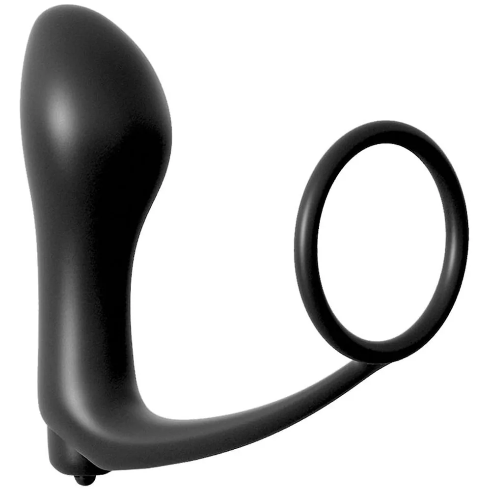 Plug anal noir en silicone avec une tête courbe lisse, connecté par une tige flexible à un anneau pénien, tous les éléments formant une seule pièce, sur fond blanc