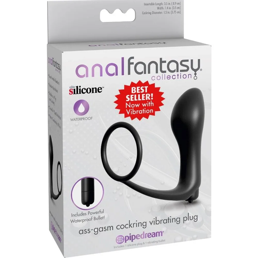 Plug anal noir en silicone avec une tête courbe lisse, connecté par une tige flexible à un anneau pénien, tous les éléments formant une seule pièce, sur fond blanc