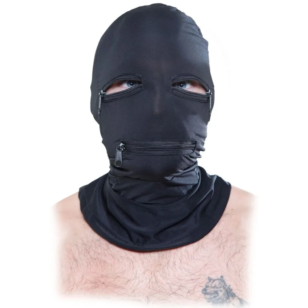 Emballage de la cagoule Zipper Face noir en spandex avec fermetures éclair aux yeux et à la bouche, sur fond blanc