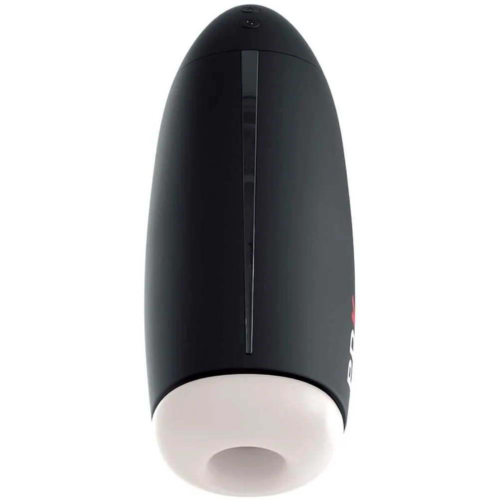 Masturbateur noir et blanc avec logo marque rouge, corps ergonomique effilé, capuchon blanc opaque, fente d'accès latérale, rechargeable et étanche