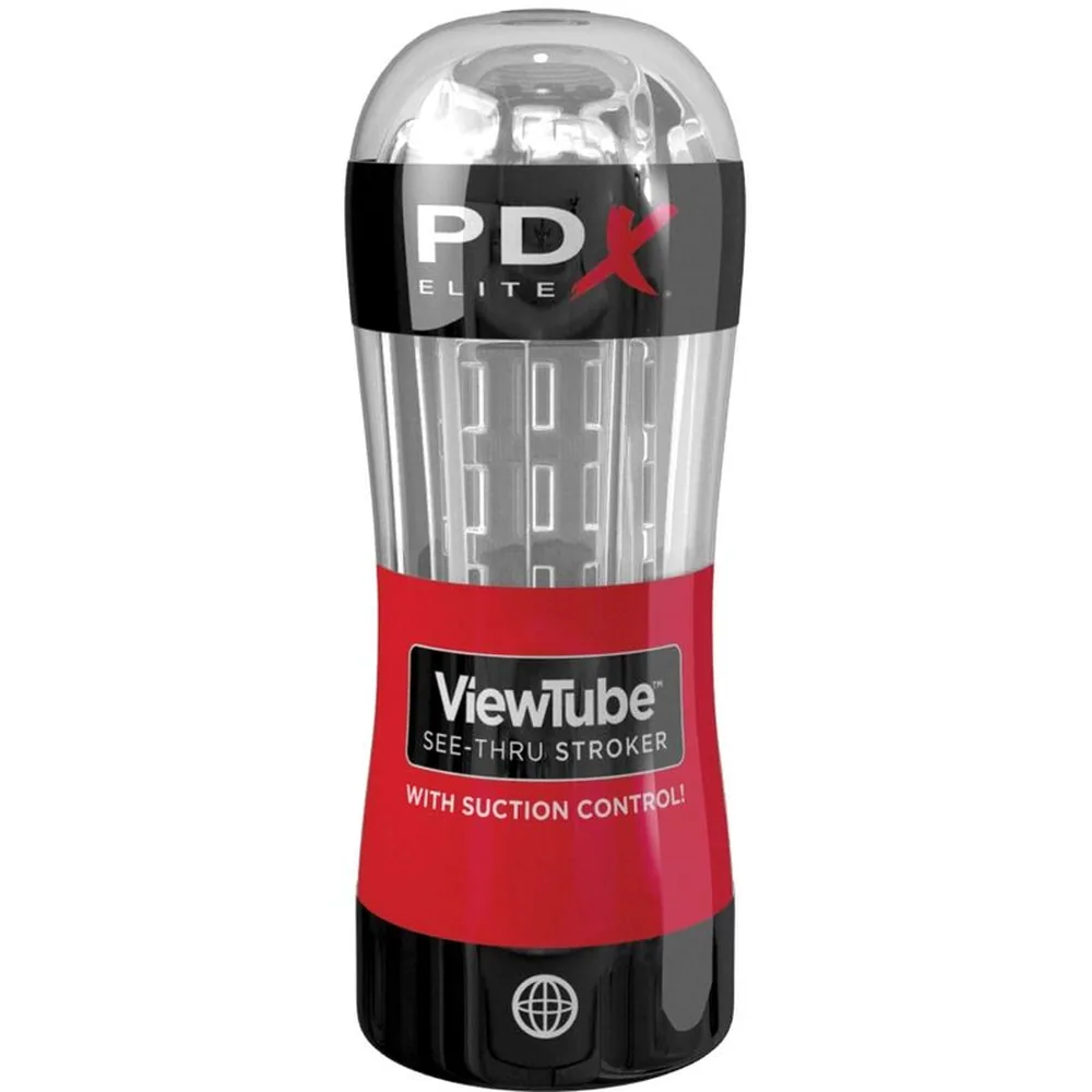 Masturbateur stroker tube transparent ViewTube avec coque rouge et noire, manchon intérieur visible, marque PDX Elite, sur fond blanc