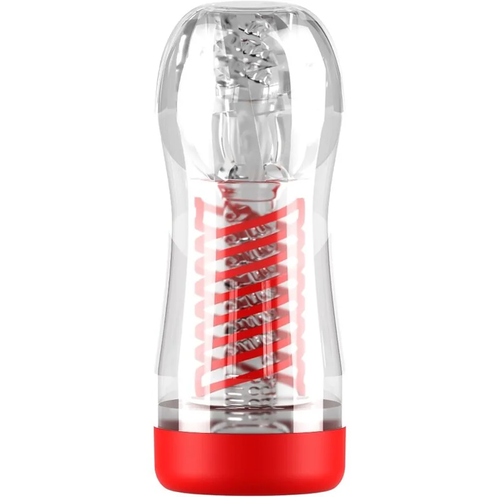 Masturbateur cylindrique transparent avec structure interne en spirale rouge, embout texturisé gris, base rouge vif, sur fond blanc