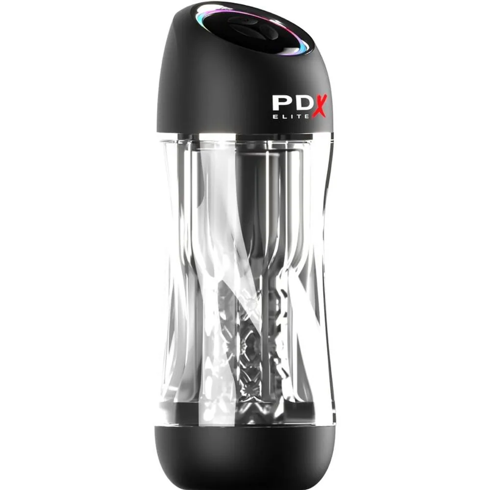 Masturbateur PDX Elite avec corps transparent en verre, embouts noirs en silicone et anneau lumineux iridescent sur le dessus, reposant sur fond blanc