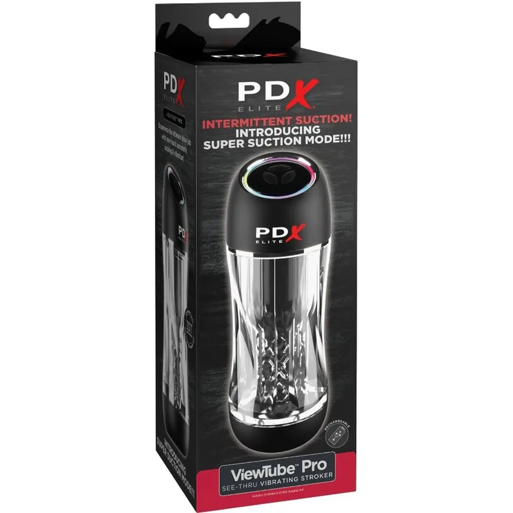 Masturbateur PDX Elite avec corps transparent en verre, embouts noirs en silicone et anneau lumineux iridescent sur le dessus, reposant sur fond blanc