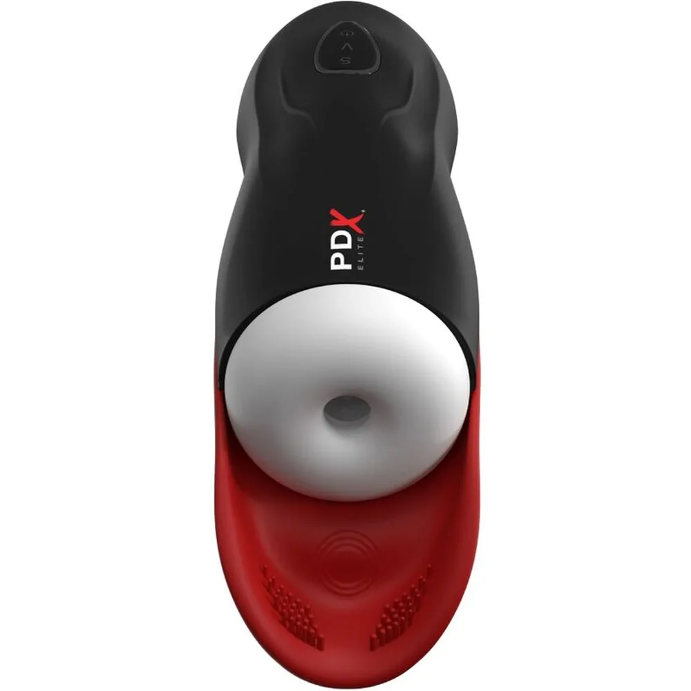 Masturbateur PDX noir et rouge avec revêtement blanc central, embout ouvert, logo PDX en blanc et rouge sur le corps, vue de dessus