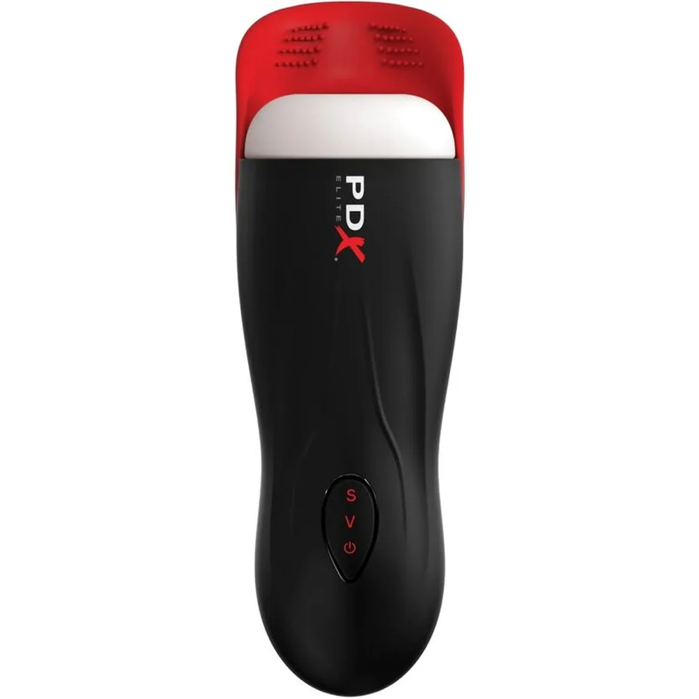 Masturbateur PDX noir et rouge avec revêtement blanc central, embout ouvert, logo PDX en blanc et rouge sur le corps, vue de dessus