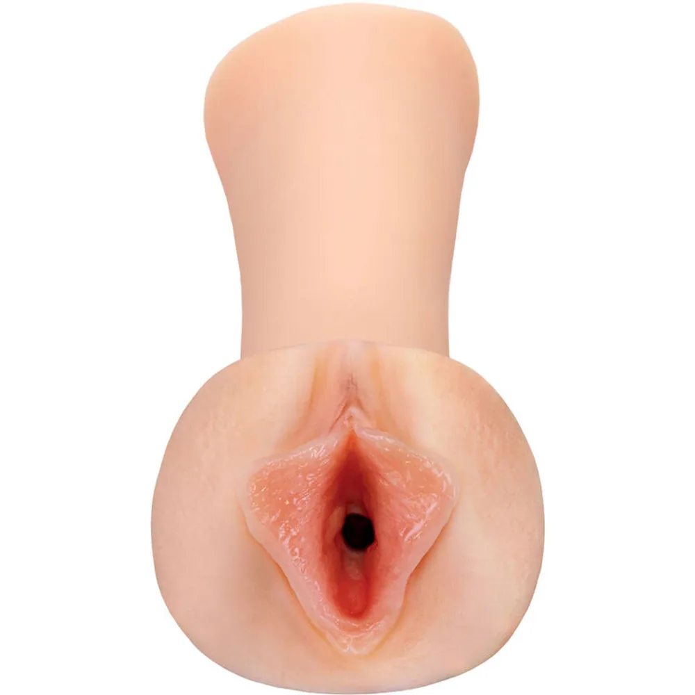Masturbateur en TPE couleur chair avec ouverture en forme de vulve aux détails roses, surface luisante, tube cylindrique fermé à l'arrière