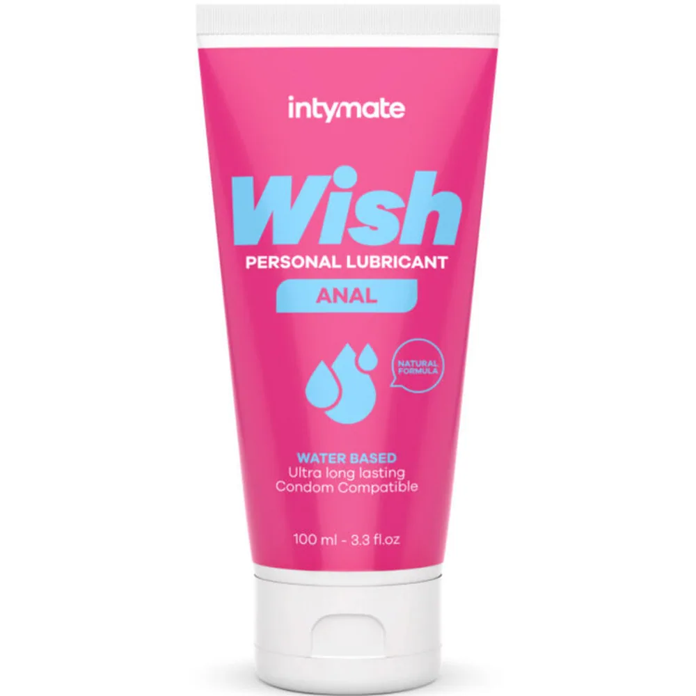 Tube rose vif de lubrifiant anal Intymate Wish 100 ml, à base d'eau, avec étiquette bleue et blanche, compatible latex, présenté avec son bouchon blanc