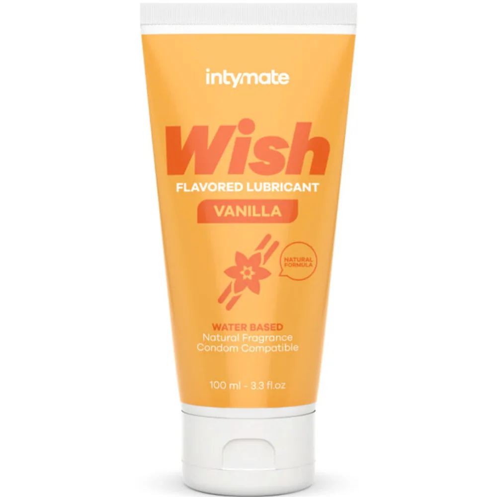 Tube de lubrifiant aromatisé Wish Vanille, 100 ml, emballage orange avec bande blanche, formule à base d'eau