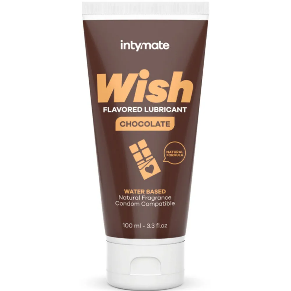 Tube marron de lubrifiant aromatisé chocolat Wish de 100 ml, à base d'eau et compatible avec les préservatifs, affichant le logo de la marque Intimate et les mentions Natural Formula