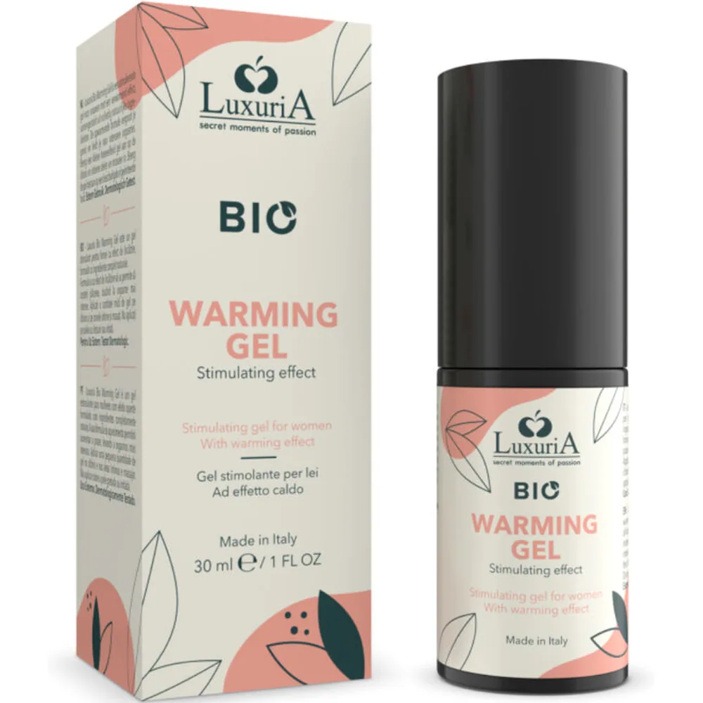 Emballage et flacon du gel stimulant chauffant Bio Luxuria, packaging crème orné de motifs floraux rose corail, flacon noir de 30 ml avec étiquette assortie