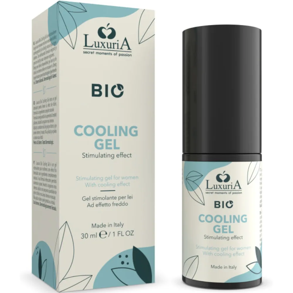Emballage et flacon du gel rafraîchissant Luxuria Bio Cooling Gel, flacon cylindrique noir de 30 ml avec étiquette turquoise et beige ornée de motifs végétaux stylisés