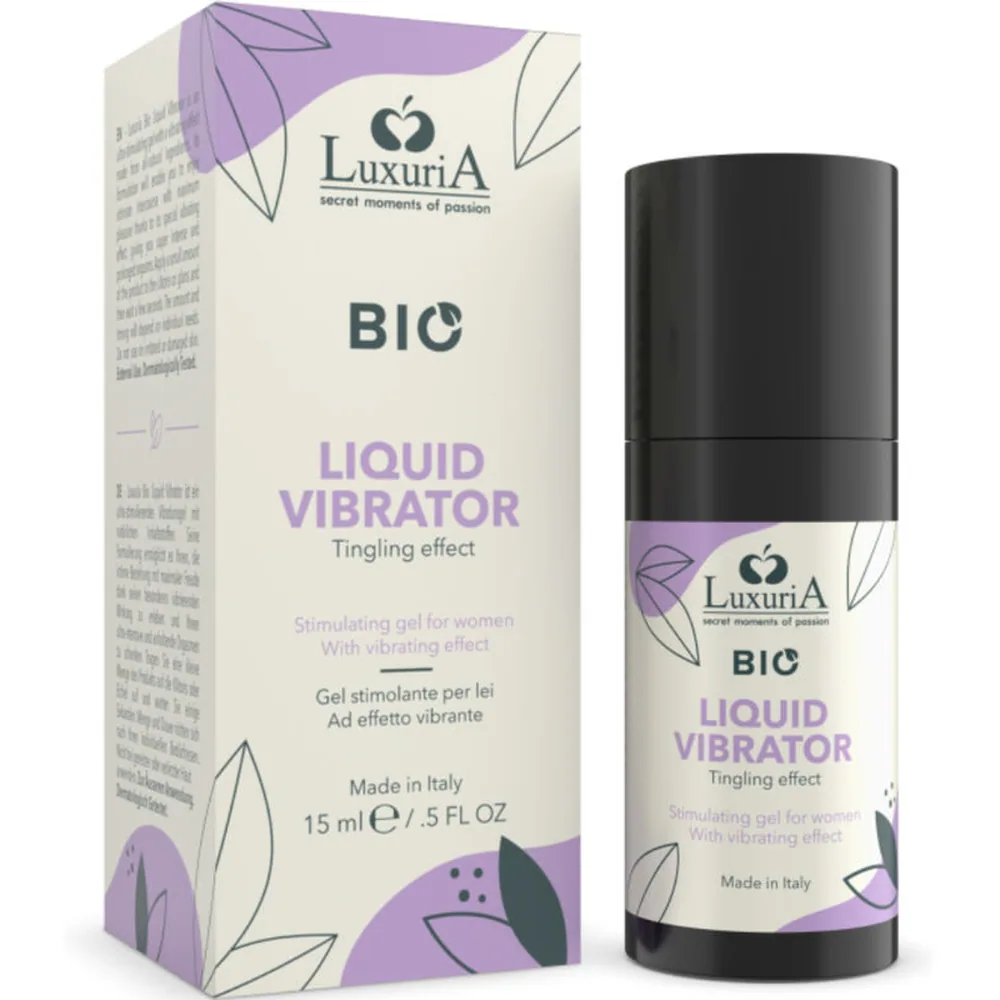 Emballage carton beige et mauve de la marque Luxuria avec fleurs stylisées, et flacon noir de gel stimulant Bio Liquid Vibrator 15 ml à effet picotement