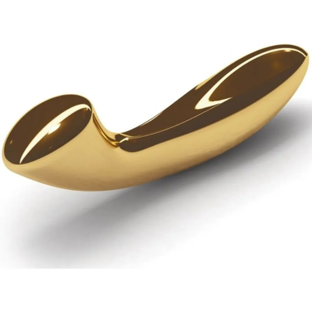 Sextoy en métal doré avec deux extrémités arrondies asymétriques, finition polie brillante et détails en marron, sur fond blanc