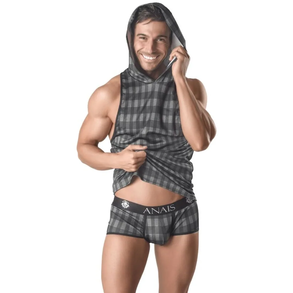 T-shirt sans manches à capuche gris anthracite à carreaux, porté avec le boxer assorti de la ligne Aegis