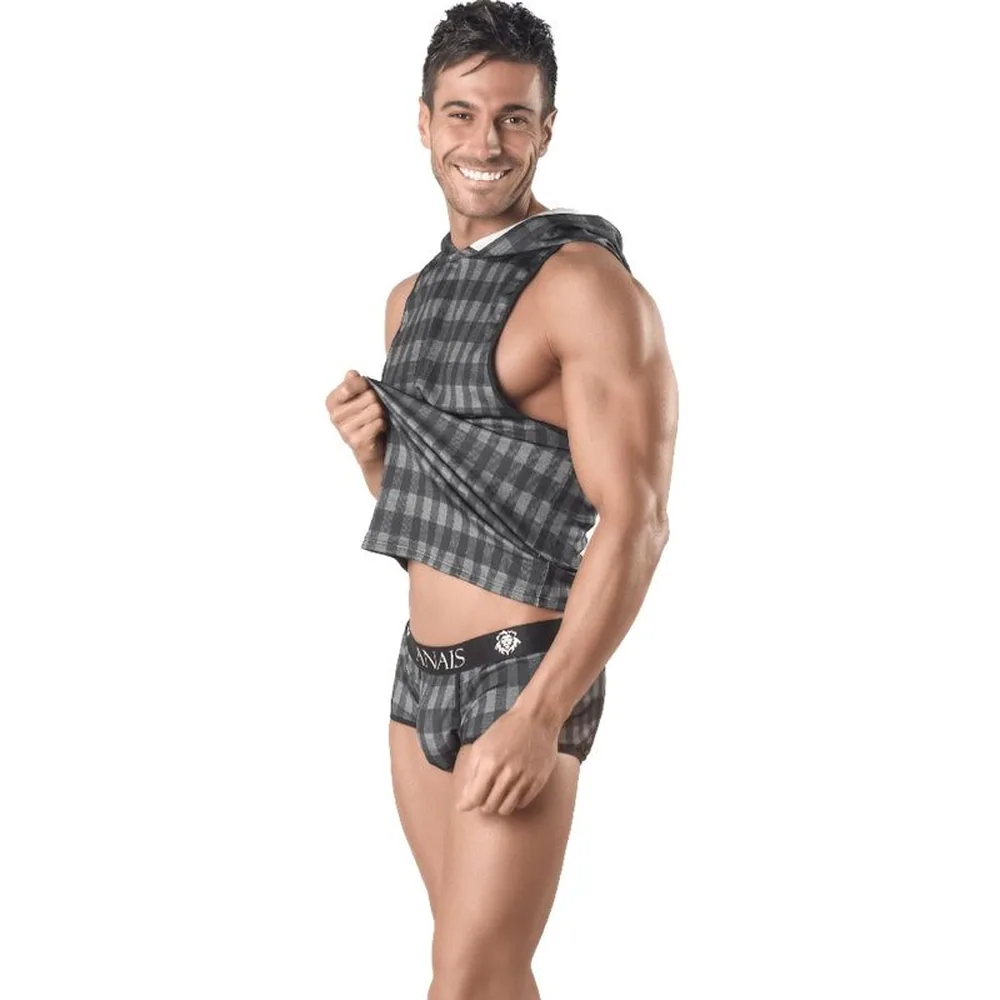 T-shirt sans manches à capuche gris anthracite à carreaux, porté avec le boxer assorti de la ligne Aegis