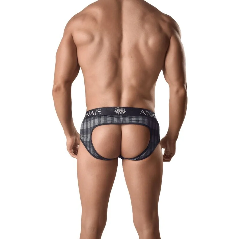 Jock bikini Aegis à motif gingham gris porté, marque visible à la ceinture, découpe ouverte à l'arrière, fond blanc