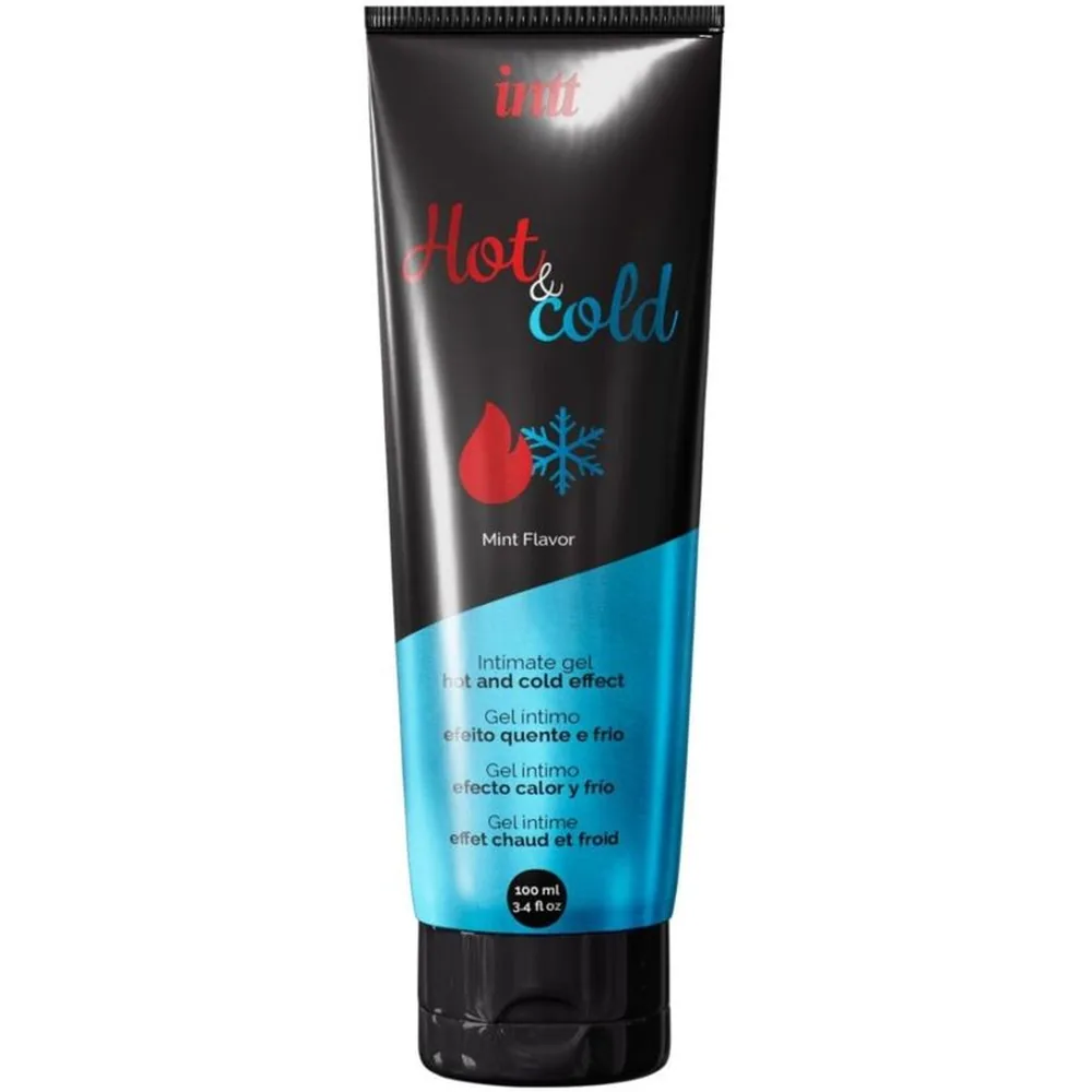 Tube de lubrifiant intime Invi Hot & Cold, noir et bleu, 200 ml, saveur menthe, avec texte décrivant l'effet chaud et froid