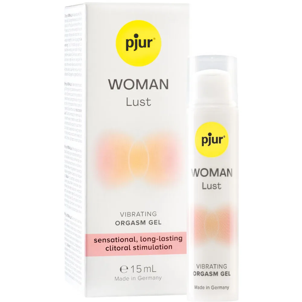Boîte blanche avec logo pjur jaune et flacon applicateur de gel vibrant Woman Lust 15 ml, fond blanc