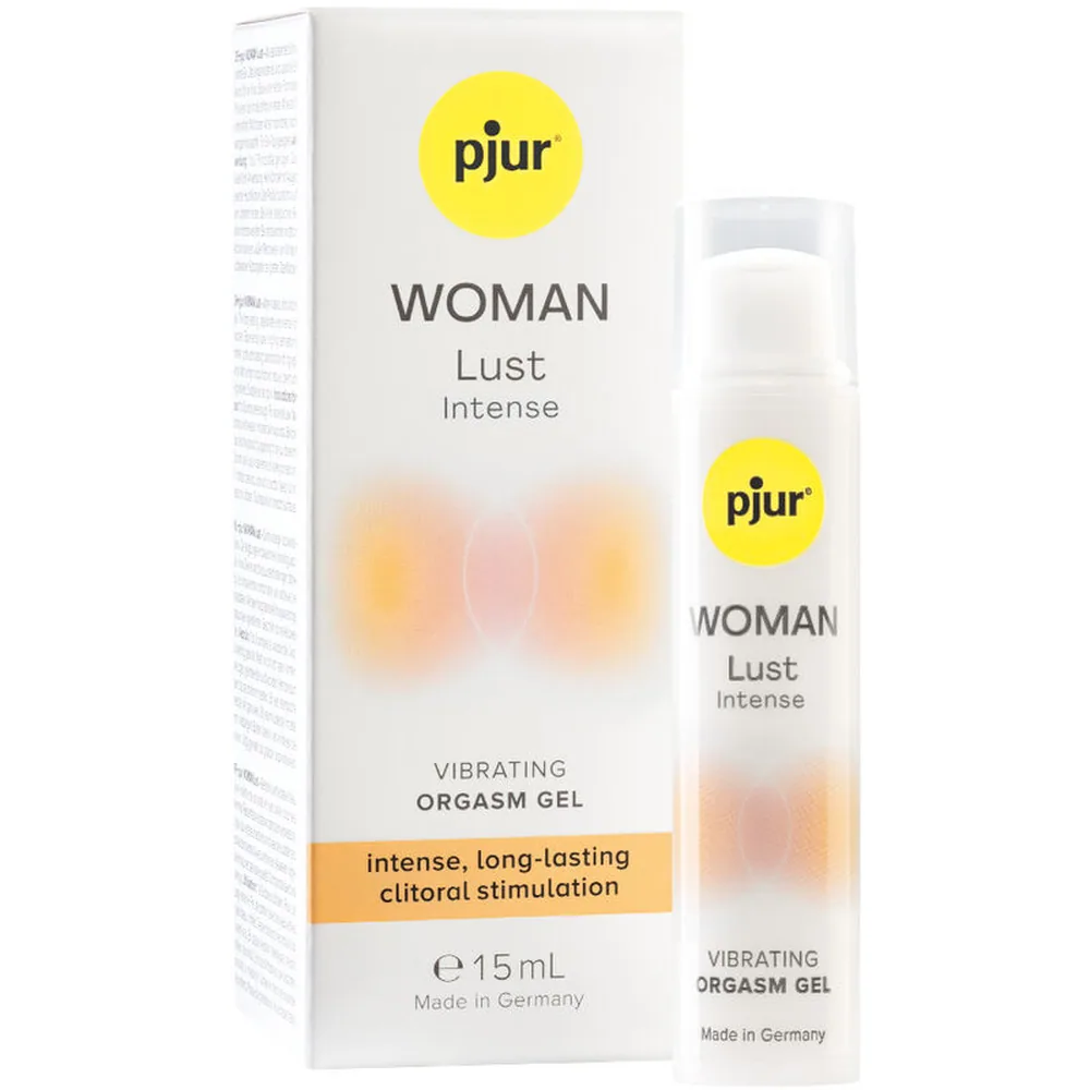 Emballage et flacon du gel vibrant pjur Woman Lust Intense, 15 mL, à base d'eau, avec logo jaune et description en anglais sur fond blanc et dégradé orange